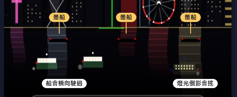 維港海面有三艘躉船、駛過嘅船同燈光倒影