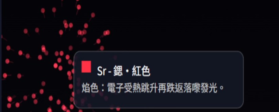 紅色煙花旁邊彈出知識卡：鍶・紅色，焰色反應解釋